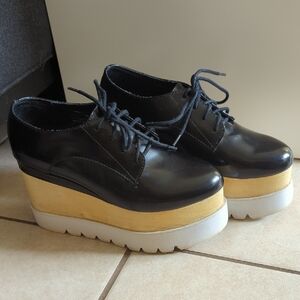 Jeffrey Campbell Black Lace-Up Platform Oxfords with Wood and White Sole